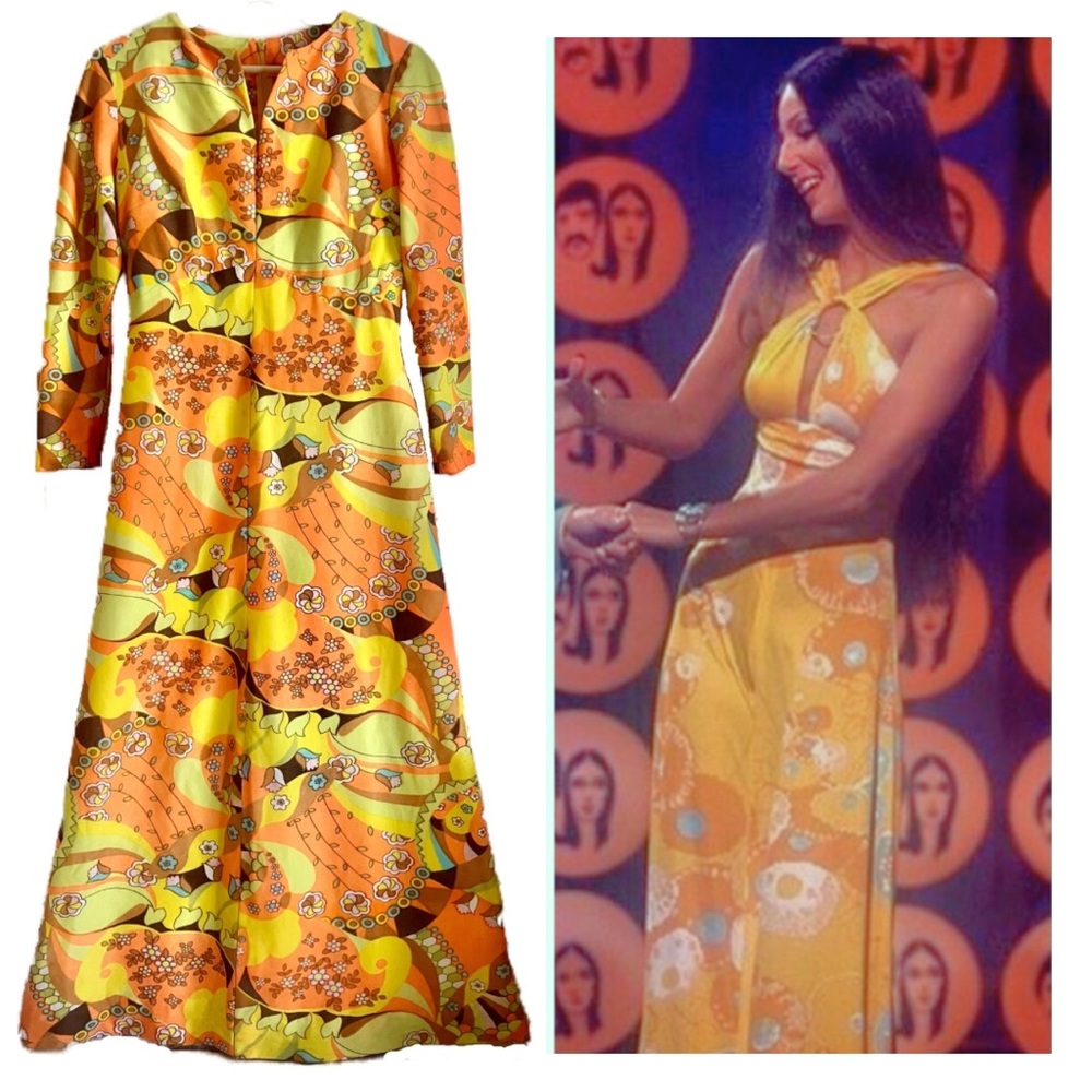 1970s Hippy Flower Power Vintage Maxi Dress Handmade Yellow Orange 3/4 Sleeve S